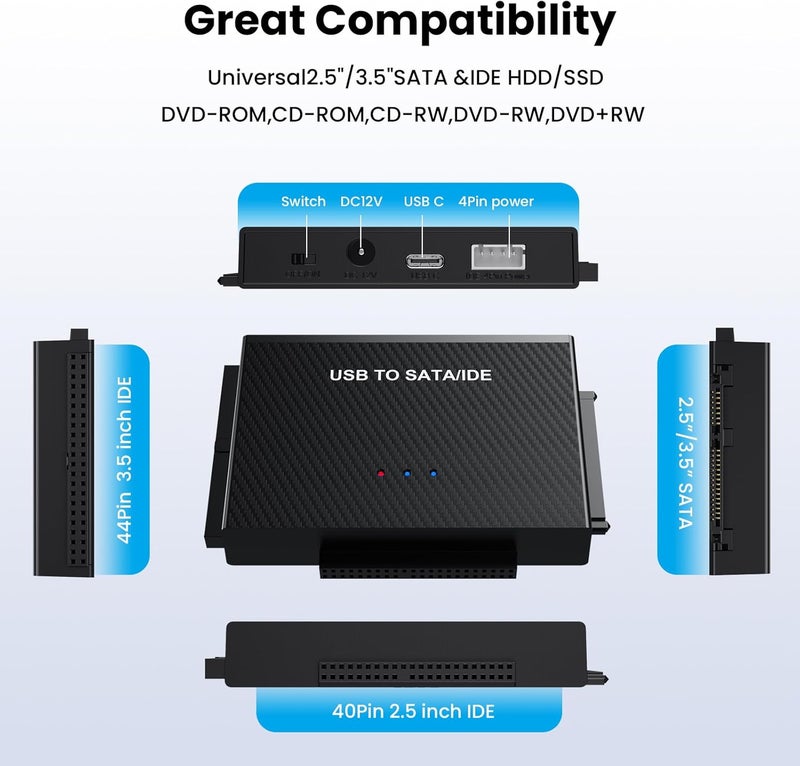 DELXING USB 3.0 to SATA IDE Adapter Hard Drive Reader, USB + Type C to External Hard Drive Disk HDD Converter Kit for Universal 2.5" 3.5" IDE HDD, 2.5" SSD, with 12V/2A Power Adapter - Image 5